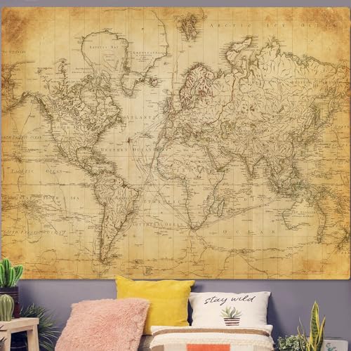 Old World Map Tapestry, Vintage World Map Geographical Distribution Tapestry Wall Hanging, Brown Historical Atlas Educational Poster Classroom Large Tapestries Office Decor 90x70 - color: Retro Map, size: 90L" x 70W"