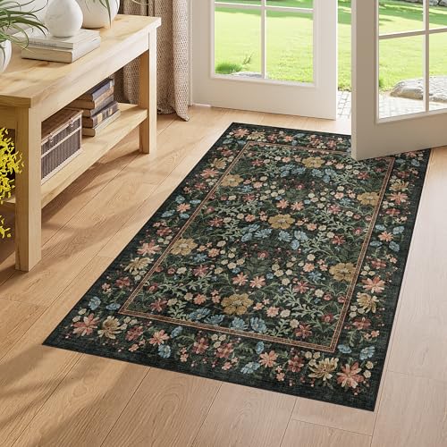 DUKINO 3x4 Area Rug for Entryway, Low Pile Vintage Washable Floral Rug with Non Shedding Design, Lightweight & Non Slip Soft Small Carpet for Kitchen, Bathroom, Bedroom, Dining Room, Black - color: Black, size: 3' x 4' (Rectangular)
