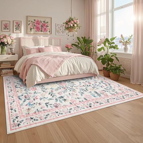 GarveeHome Washable Area Rug 9 x 12 for Living Room, Non-Slip Soft Vintage Rug, Low Pile Farmhouse Floral Carpet, Non-Shedding Indoor Foldable Printed Rugs for Bedroom, Pink - color: Pink, size: 9' x 12' (Rectangular)