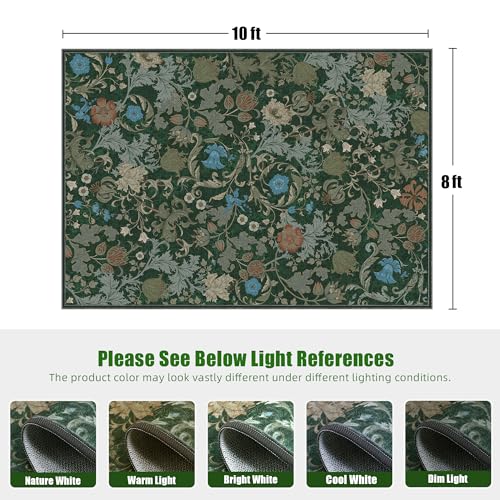 Forest Green Floral Area Rugs 8x10 for Living Room, Washable Vintage Farmhouse Botanical Rug, Non Slip Low Pile Thin Floor Decor Large Carpet, Soft Decorative Rug for Bedroom Dining Room Home Office - color: Green, size: 8'x10'