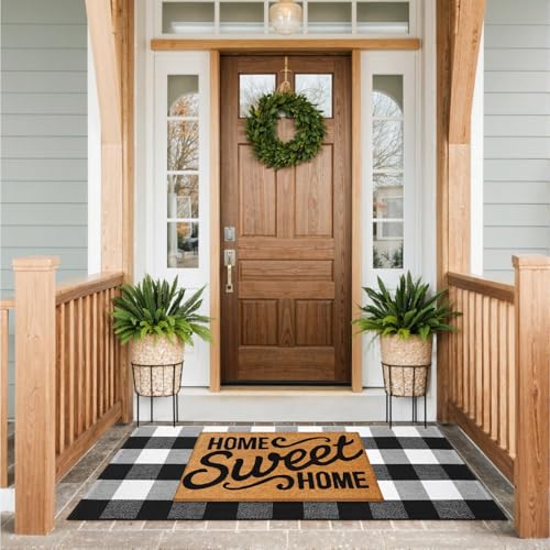 KIMODE Buffalo Plaid Outdoor Checkered Rug 24'' x 51", Black and White Door Mat Outside Entrance, Cotton Woven Washable Farmhouse Layered Outdoor Mats for Spring Front Door Decor Porch Entryway - color: Black/White, size: 2' x 4'3" (Rectangular)