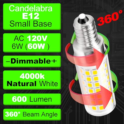 6W Dimmable E12 LED Ceiling Fan Bulb Natural White 4000K AC120V Equivalent 60 Watt E12 T6 C7 Candelabra Small Base for Desk lamp Wall Sconce Chandelier Pendant Lighting, 600lm, 4 Pack - color: 4000k Natural White, size: 6 Watt-Dimmable-4 Pack