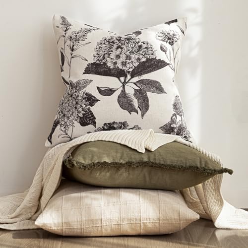 Foindtower Set of 2 Linen Floral Vintage Throw Pillow Covers Neutral Accent Print Decorative Cushion Covers Farmhouse Boho Home Decor for Sofa Chair Couch Bedroom Living Room,18×18 Inch,Black - color: Black, size: 18" x 18" (Pack of 2)