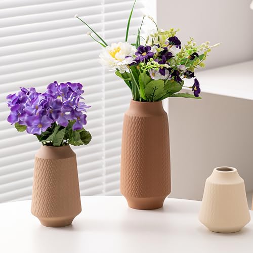 Ceramic Vase Set of 3, Modern Multicolor Pattern Flower Vases for Home Decor, Office, Centerpieces, Boho Farmhouse Style (Khaki/Brown/Beige) - color: Terracotta/Tan/Cream-vt2