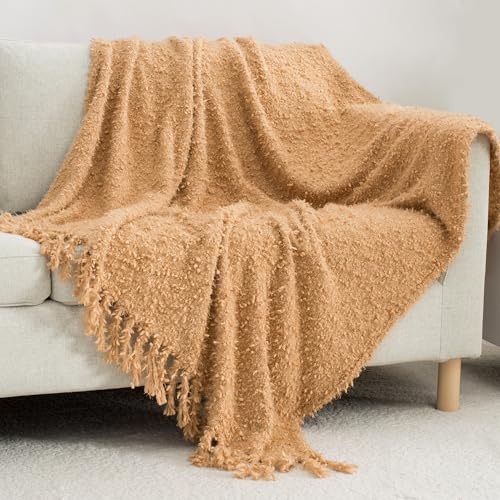 Winter Knit Throw Blanket Fluffy Fuzzy Soft Lightweight Cozy Farmhouse Tassels Chunky Knitted Throws for Couch Sofa Bed (Camel, 50"x60") - color: Camel, size: 50"x60"