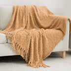 Winter Knit Throw Blanket Fluffy Fuzzy Soft Lightweight Cozy Farmhouse Tassels Chunky Knitted Throws for Couch Sofa Bed (Camel, 50"x60") - color: Camel, size: 50"x60"