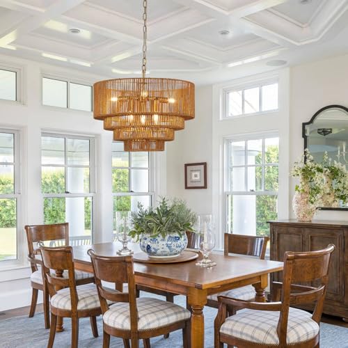 19.7" Hand-Woven Rattan Chandelier Vintage Farmhouse 6-Lights Boho Bamboo Chandeliers Light Fixture Retro Drum Wicker Rattan Golden Chandelier for Dining Room, Kitchen Island, Bedroom, E12 - color: Golden 19IN