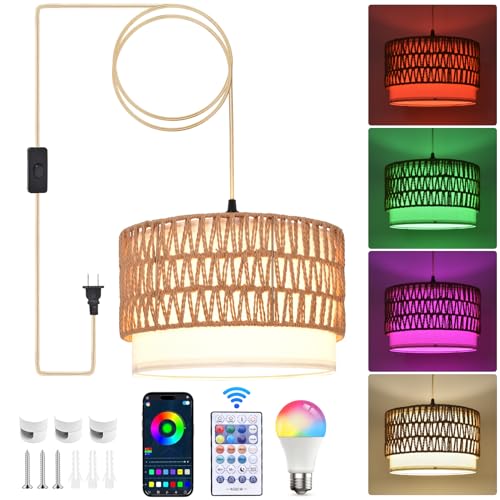 ZSLAIFU Hanging Lamp Plug in Pendant Light, 15FT Hanging Lights with Plug in Cord, Hanging Light with Smart RGBCCT Bulb and Remote, Hanging Lamps for Bedroom, Living Room, Kitchen, Farmhouse - color: Linen Rattan-White Shade