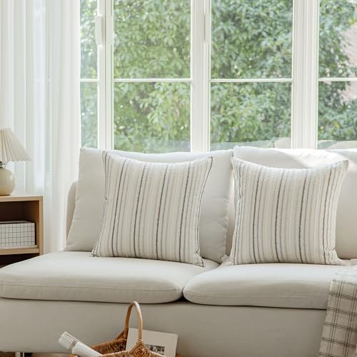 Set of 2 Multicolor Candlewick Striped Boho Throw Pillow Covers, Textured Cotton-Linen Woven Pillow Covers for Couch and Bed - 18"x18", Cream