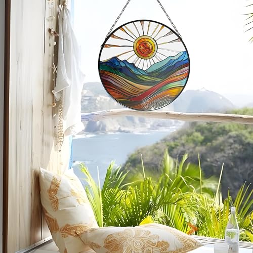 Sun Mountains Stained Glass Window Hanging, 9.8’’Sun Catcher Glass Panel Boho Wall Art Decor with Chain, Hand Painted Round Glass Gifts for Couples, Housewarming Gift - color: Sun Mountains