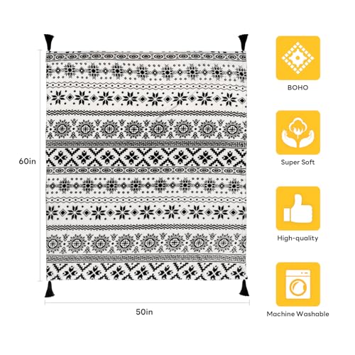 MACEVIA Flannel Boho Blanket for Couch, Country Western Aztec Printed Throw with Tassel, Soft Cozy Bohemian Blanket for Home Decor (Black and White, 50x60inches) - color: Boho Black and White, size: Flannel Fleece (50x60 IN)