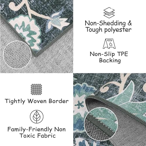 Beeiva Floral 2x5 Rug Runners for Hallways, Ultra Thin Blue Kitchen Runner Rug Washable, Vintage Plant Non-Shedding Bathroom Non-Slip Hallway Carpet for Entryway Bedroom Kitchen - color: Blue, size: 2' x 5' (Rectangular)