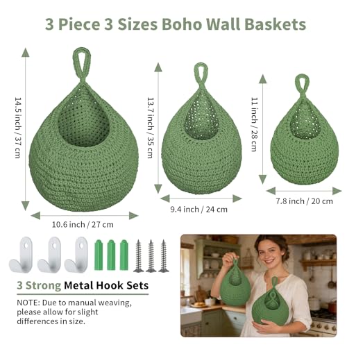 3 Pack Boho Decor Hanging Fruit Baskets with Hooks, Hand-woven Cotton Wall Baskets for Fruit Vegetable Potato Onion Storage 3 Sizes, Hanging Holder Teardrop Produce Basket for Kitchen Organizer, Green - color: Green, size: 3 Pack