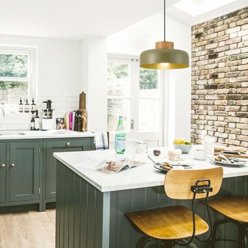 Mid-Century Modern Pendant Light,12.6" Natural Wood & Olive Green Metal Shade,Adjustable Kitchen Island Dining Room Lighting Fixture - color: Olive Green, size: 12.6 inches