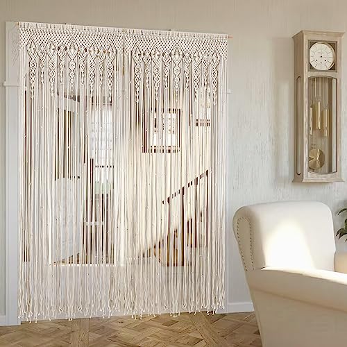 Foreate Macrame Curtains Long Cotton Macrame Wall Hanging Boho Beaded Curtain for Window Doorway Handmade Wedding Backdrop Room Divider, 2 Panels 79" L x 35" W - size: 35.5"W x 79"L (Pack of 2)