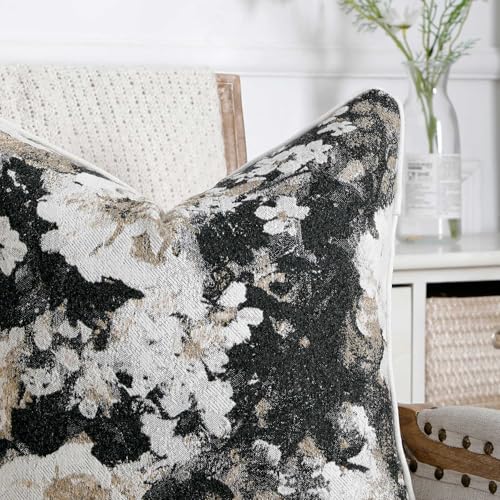 Vintage Floral Throw Pillow Covers 20x20 Set of 2 Neutral Boho Farmhouse Soft Chenille Jacquard Decorative Couch Pillow Covers for Sofa Couch Bed Living Room Home Décor Beige Black - color: Beige Black, size: 20" x 20" (Pack of 2)