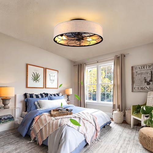 20" Caged Ceiling Fan With Light Low Profile Fabric Farmhouse Bladeless Ceiling fan With Remote Control,Low Profile Modern Enclosed Ceiling Fans with Reversible Motor for Bedroom,Include 4 Bulbs - color: Brown