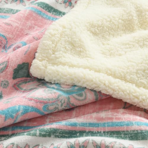Boho Chic Sherpa Throw Blanket - Vibrant Bohemian Print & Ultra-Soft Cozy Lining, Stylish & Warm Winter Throw for Couch, Bed, or Décor - color: Boho-pastel Pink, size: 60" x 80"