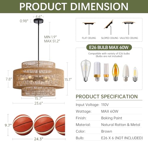 24" Boho Large Rattan Chandelier Light Fixture, 6-Light Large Black Pendant Light Fixture Farmhouse Rustic Chandeliers for Kitchen Bedroom, Dining Room, Living Room, Hallway, Foyer - color: Brown+Black Hardware, size: 24" 6-Light