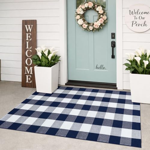 KILOCOCO Buffalo Plaid Checkered Rug 3'x5' Front Door Mat Outdoor Blue and White Rugs Cotton Washable Front Porch Rug Layered Doormats for Patio Farmhouse Entryway Kitchen Laundry Room - color: Blue and White, size: 3' x 5' (Rectangular)