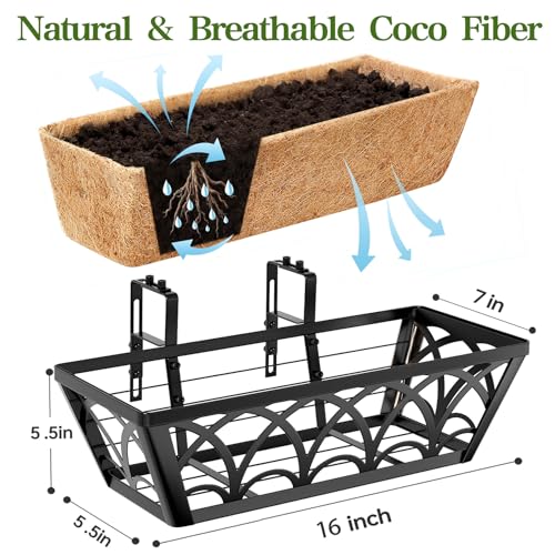 16 Inch Railing Planter Box Window Boxes Planters - 2 Pack Deck Railing Planter Boxes with Adjustable Brackets Coco Liners Balcony Planters Railing Hanging for Window Flower Boxes Outdoor Garden Decor - size: 16 Inch