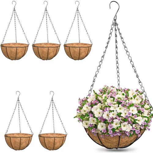 ZeeDix 6 Pack 10 Inch Metal Round Hanging Planter Basket with Coconut Liners Replacement, Hanging planters Baskets with Natural Coco Liner for Outdoor Indoor Planters Flowers Vegetables - color: 6 Pack, size: 10 Inch