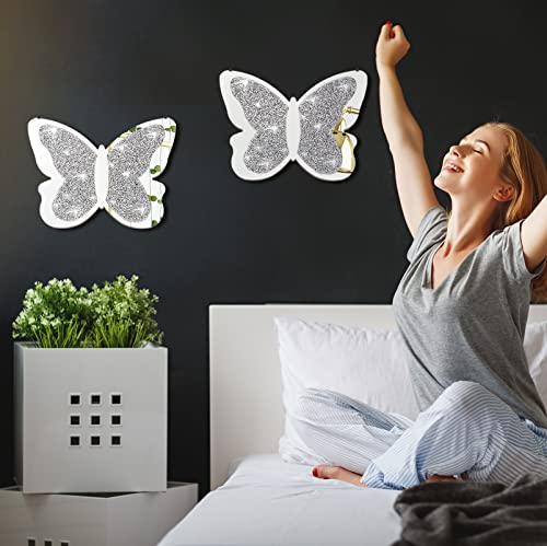 Vesici 2 Pieces Butterfly Shaped Mirror Crystal Crushed Diamond Silver Mirror Silver Wall Decor for Living Room Modern Decorative Artwork for Nursery Wedding Decor(11.8 x 8.8 Inch) - size: 11.8 x 8.8 Inch