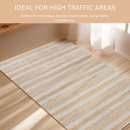 Area Rug Farmhouse 3x5 Feet - Hand Woven Jute Cotton Rug Bohemian Rustic Vintage - Non Slip Floor Rug for Bedroom Living Room Kitchen Dorm Entryway Hallway - Area Rug Natural - color: Natural, size: 3'x5'