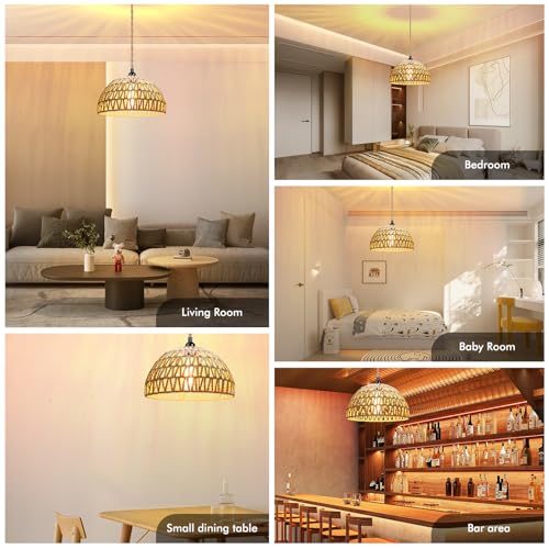 Plug in Pendant Light Rattan Hanging Lamp with 15 Ft Hemp Rope Cord, Wicker Hanging Lights with Bamboo Basket Lamp Shade,Dimmable Switch Woven Boho Plug in Ceiling Light for Living Room Bedroom