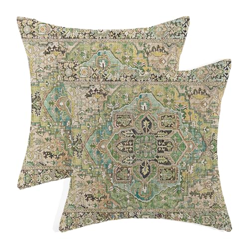 Boho Pillow Covers 18x18 Set of 2 Ethnic Sage Green Carpet Throw Pillow Covers Bohemian Style Vintage Rug Pillowcase Farmhouse Linen Cushion Case for Home Sofa Couch Outdoor Decor - color: Boho-green-b, size: 18" x 18" (Pack of 2)