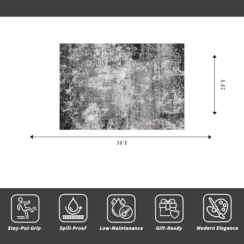 2x3 Washable Entryway Rug – Non-Slip Modern Abstract Neutral Small Throw Area Rug for Kitchen, Bedroom – Soft Low Pile Thin Indoor Door Mat（Black Grey,2x3） - color: Black Grey, size: 2' x 3' (Rectangular)