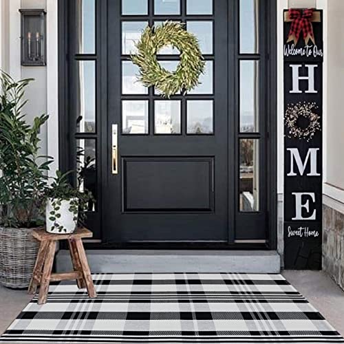 CAINANEL Buffalo Plaid Outdoor Rug Black and White Check Rug 35.4'' x 59'' Cotton Hand-Woven Checkered Front Welcome Door Mat Indoor/Outdoor Area Rug for Front Porch,Kitchen,Entry Way,Living Room - color: Black&white Plaid, size: 3' x 5' (Rectangular)