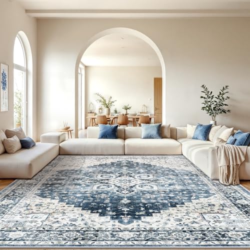 AMADA HOMEFURNISHING 10x14 Washable Area Rug, Low-Profile Large Area Rug with Non-Slip Backing & Durable Edge Binding, Vintage Large Rugs for Living Room, Bedroom & Dinning Room - color: Blue, size: 10' x 14' (Rectangular)