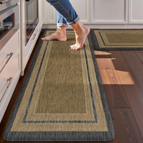 KIMODE Anti Fatigue Kitchen Mats 17"x47"+17"x29", Farmhouse Kitchen Rugs Sets of 2, Non Slip Kitchen Mats for Floor, Cushioned Comfort Standing Mats for Home Deocr Sink Laundry Office Desk Grey/Brown - color: Grey/Brown, size: 17.3" x 47 "+ 17.3" x 29 "--