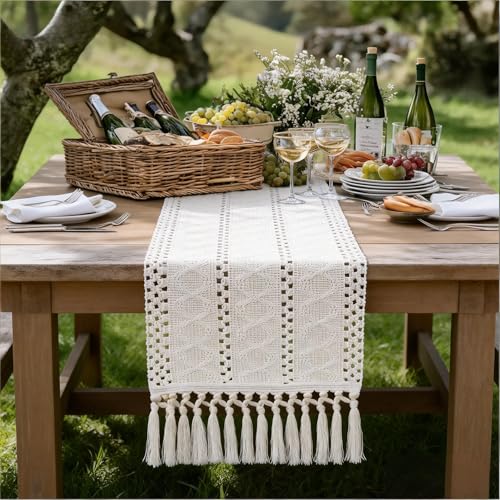 Socomi Boho Table Runner Summer Farmhouse Woven Cotton Linen Rustic Coffee Table Runner with Tassels for Dresser Scarf Home Decor Dining Room 12x90 inch Beige - color: Beige, size: 12" X 90"