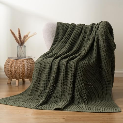 Bunnikins & Clover Olive Green Throw Blanket for Couch, Waffle Knit Blanket Throw, Super Soft Warm Dark Green Throw Blanket for Home Decor,Sofa and Living Room, 60"x80" - color: Olive Green, size: 60"x80"