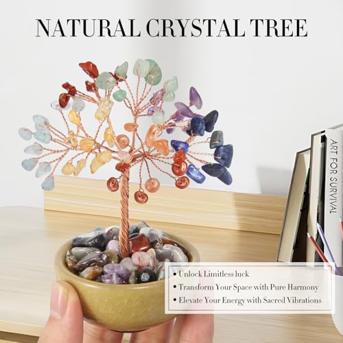 7 Chakra Crystal Tree with Ceramic Base,Natural Gemstone Feng Shui Money Tree for Wealth,Good Luck & Positive Energy,Handmade 5 Inch Healing Abundance Bonsai for Home Office Decor - color: 7 Chakras Vase Tree-2