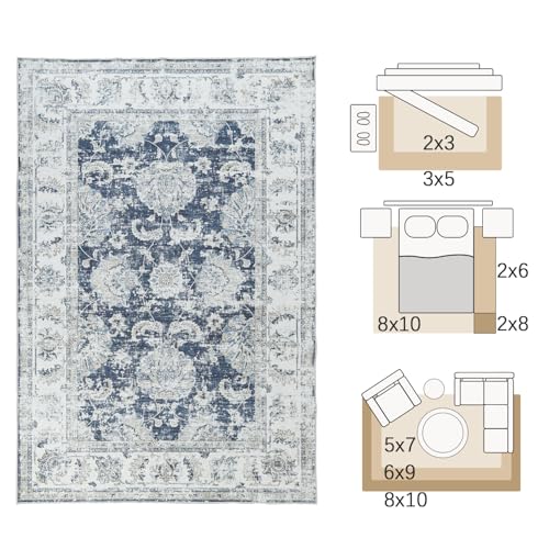 jinchan Fiora Floral Area Rug 3x5, Distressed Vintage Floral Washable Rug with Low-Pile Surface and Non-Slip Backing, for Bedroom Nursery Reading Corner Home Office and Small Living Spaces, Dark Blue - color: Distressed Dark Blue, size: 3' x 5' (Light Wei