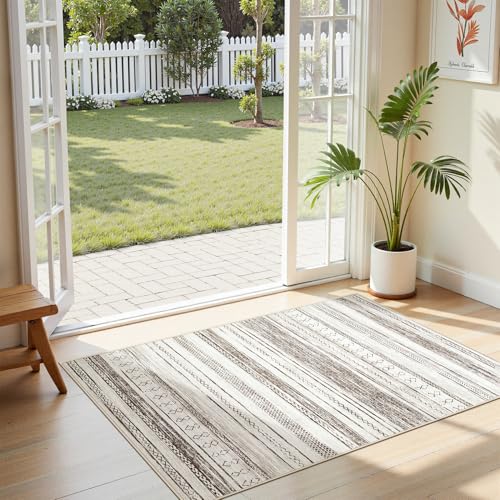 Tortania Area Rug Living Room Rugs - 3x5 Washable Large Soft Neutral Boho Moroccan Bohemian Farmhouse Rug Indoor Floor Carpet for Bedroom Under Dining Table Home Office Decor - Cream Brown - color: Cream/Brown, size: 3' x 5' (Rectangular)