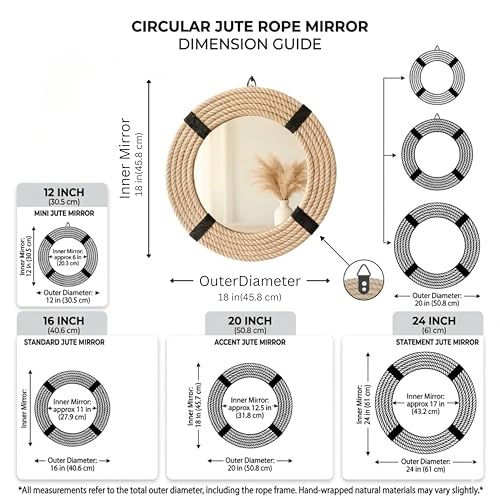 12" Inch Round Rustic Farmhouse Boho Shabby Chic Wall Hanging Mirror with Natural Jute Rope Decor Accent for Entryway, Bedroom, or Living Room (Color 3) - color: Color 3