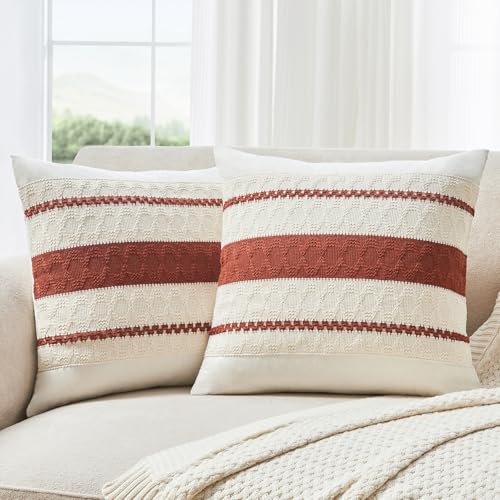 Throw Pillow Covers Set of 2 18x18 Inch Boho Pillow Covers, Soft Neutral Cotton Rust Decorative Fall Case for Couch Sofa Bed Living Room, Home Modern Woven Farmhouse Cute Decor - color: Rust, size: 18" x 18" (Pack of 2)