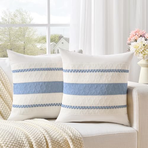 Fancy Homi Set of 1 Boho Light Blue Decorative Throw Pillow Cover 16x16 Inch for Couch Bed Sofa, Aesthetic Modern Organic Farmhouse Home Decor, Soft Cotton Cute Accent Macrame Woven Cushion Case - color: Light Blue, size: 16" x 16" (Pack of 1)