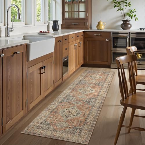 Lahome Oriental Washable Runner Rug Non Slip, 2x7 Rug Runners for Hallways Non Slip Vintage Ultra-Thin Soft Long Carpet for Kitchen Laundry Room Bedroom Eleanor, Peach/Orange - color: Terracotta, size: 2' x 7' (Runner)