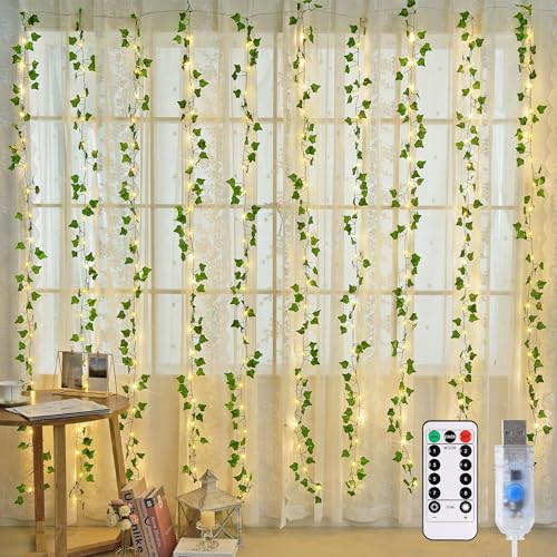 JMEXSUSS Vines Lights for Bedroom, 9.8ft x 9.8ft with Remote, 300 LED Fairy Lights with Vines, Artificial Ivy Curtain Light for Wall Dorm Wedding Indoor Decor - color: Ivy, size: 9.8x9.8ft - 300 LED