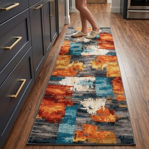 2x6 Area Rug for Living Room,Modern Abstract Burnt Orange Rug,Terracotta and Teal Brushstroke,Washable Rug,Non Slip, Hallway, Entryway, Bedroom Side, Kitchen Walkway - color: Burn Orange, size: 2' x 6' (Rectangular)