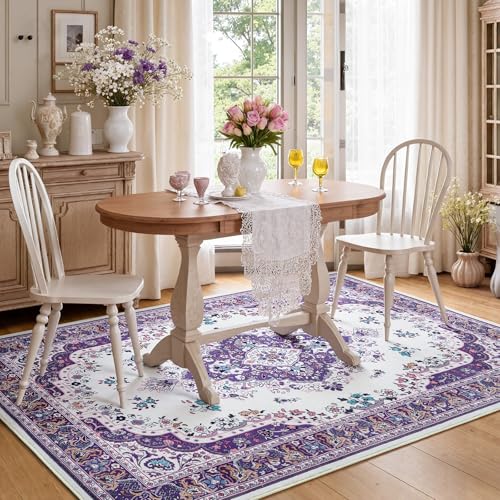 HOMORE Area Rug 3x5 Purple Rugs for Bedroom Living Room, Non Slip Washable Throw Rug for Kitchen Ultra Thin Low Pile Vintage Rugs for Entryway Floral Rug for Dinning Room Office - color: Purple, size: 3' x 5' (Rectangular)