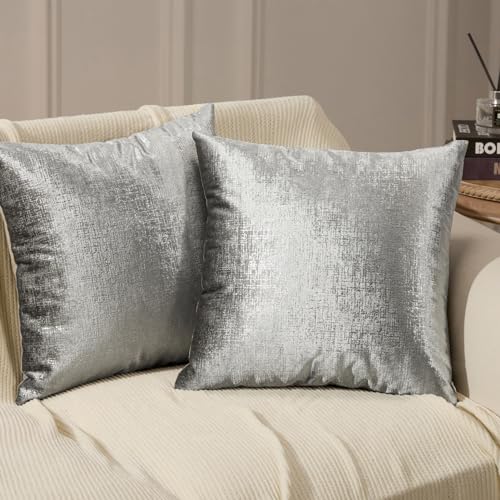 Phantoscope Pack of 2 Sparkling Velvet Decorative Solid Throw Decorative Pillow Cover Soft Silver Glitter Square Cushion Cover Pillowcase for Couch Bed and Chair, Gray, 18 x 18 inches, 45 x 45 cm - color: Gray and Silver, size: 18" x 18" (Pack of 2)
