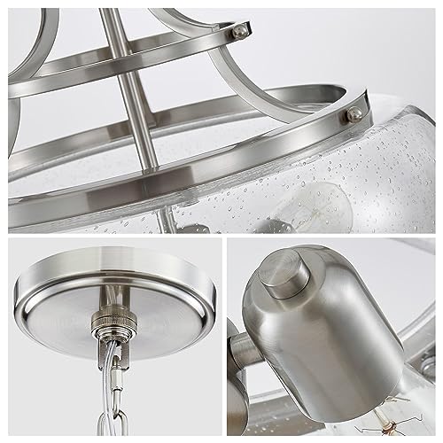 WUZUPS Chandelier Rustic Farmhouse Industrial Round Ceiling Pendant LED Light Fixture Clear Seeded Glass Shade for Dining Room Kitchen Island Foyer Entryway, H 20.9" x W 15.9", Brushed Nickel - color: Pendant Light, Brushed Nickel, 3-Light, size: H 20.9"