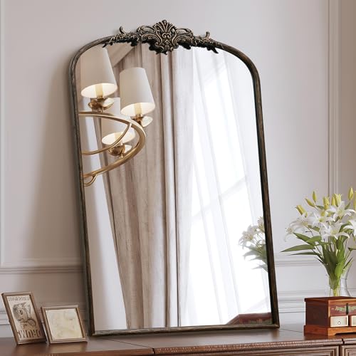 Besdomus Antique Large Arched Mirror: 24"x36" French Arch Black Vintage Wall Vanity Mirror - Decorative Baroque Traditional Ornate for Entryway/Bathroom/Bedroom - Ideal for Bathroom Renovations - color: Black, size: 36"L x 24"W