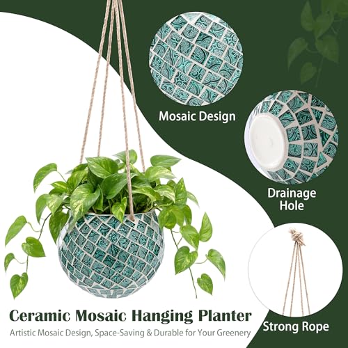 Ceramic Hanging Planter Mosaic Hanging Flower Pot Small Plant Pot for Indoor Plant Disco Ball Planter with Drainage - color: Square Green